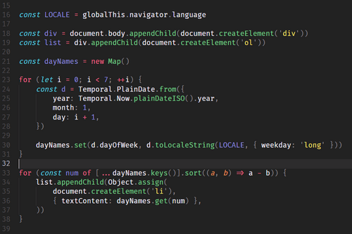 JavaScript code to display a list of weekdays in a browser.